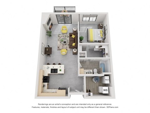 Floor plan for 1 bed, 1 bath, 848 sqft